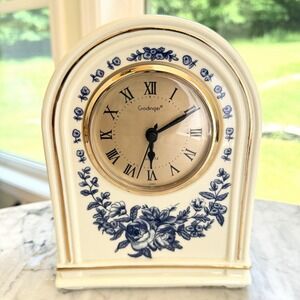 VTG Godinger Porcelain Mantel Clock Blue White Floral Gold Quartz Tested Works
